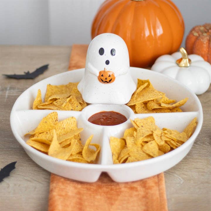 Geist Halloween-Servierplatte mit Chips & Dip für Snacks | Die kleine Fetenkiste | Keramik Platte Gespenst