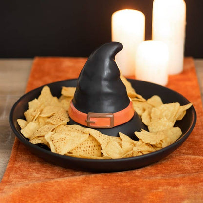 Halloween-Serviertablett mit Hexenhut mit Chips und Dip | Die kleine Fetenkiste | Hexe Keramikschale