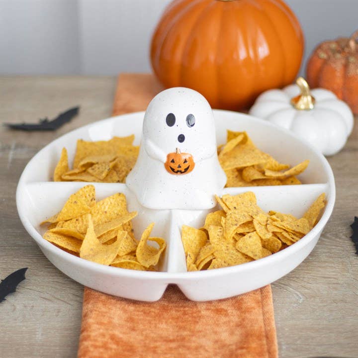 Geist Halloween-Servierplatte mit Chips & Dip für Snacks | Die kleine Fetenkiste | Keramik Platte Gespenst